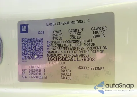 2020 Chevrolet Colorado 2Wd Long Box Wt from USA, damaged, VIN 1GCHSBEA9L1179003